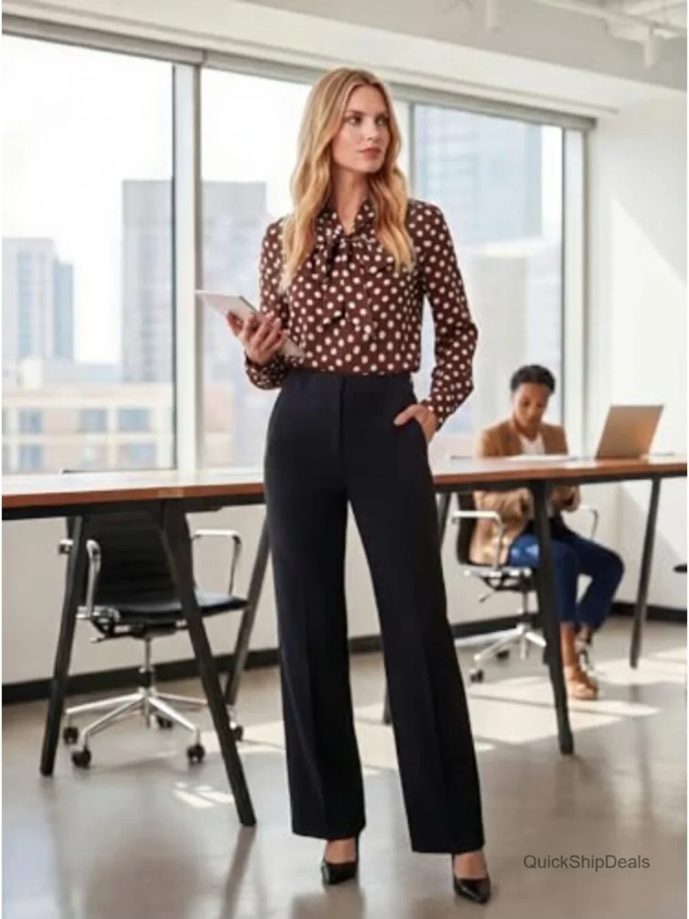 Long Sleeve Bow Tie Neck Chiffon Blouse Polka Dot Business Casual Top